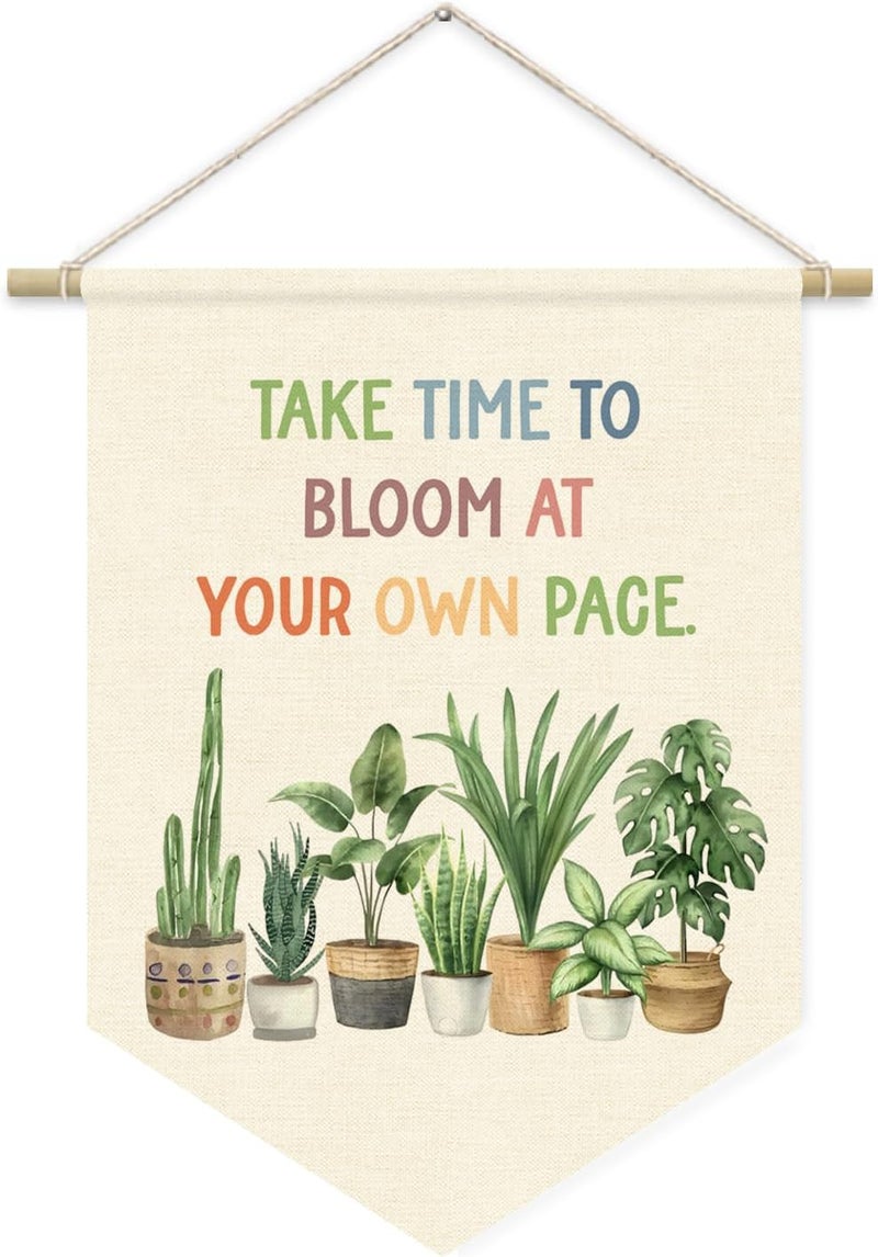 ETVISO Boho Classroom Decor, Positive Affirmations Green Wall Decor Canvas Banner, Greenery Plant Classroom Take Time to Bloom at Your Own Pace, Wall Hanging Pennant Flag Banner 15x11in - Image 1